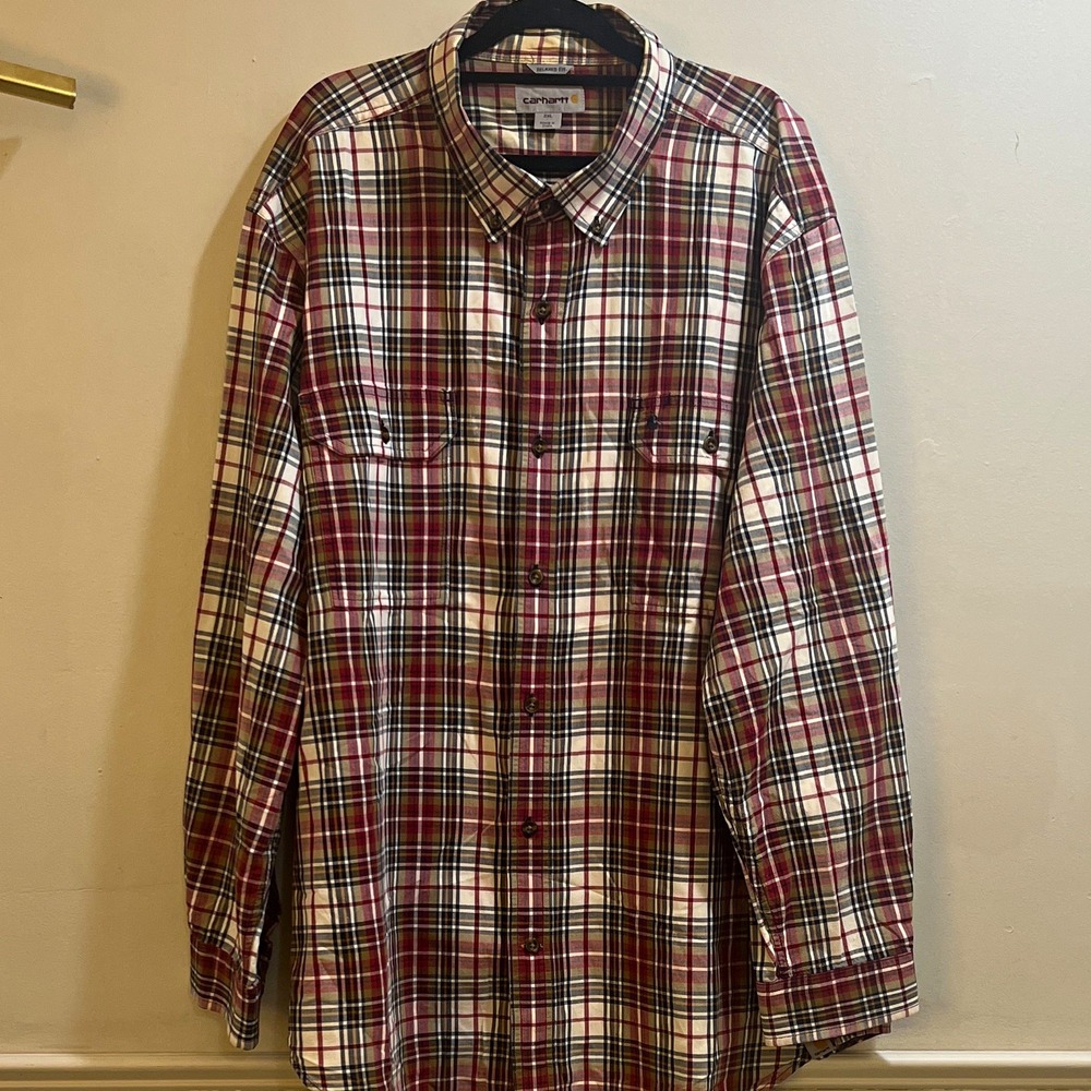 Carhartt Men's 2XL Red/Beige/Blue/White Plaid Cotton Woven Relaxed Button-Down